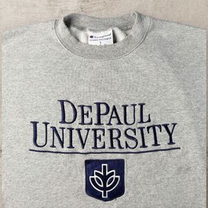 Vtg DePaul University Spell Out Crewneck Men’s Small Gray Fleece Blue Demons Y2K